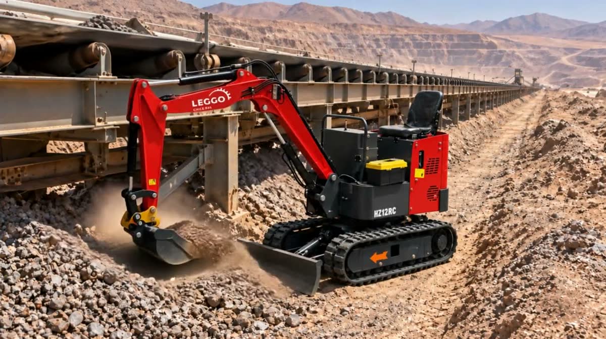 Recreación digital de una miniexcavadora despejando un derrame de mineral junto a una correa transportadora en una faena