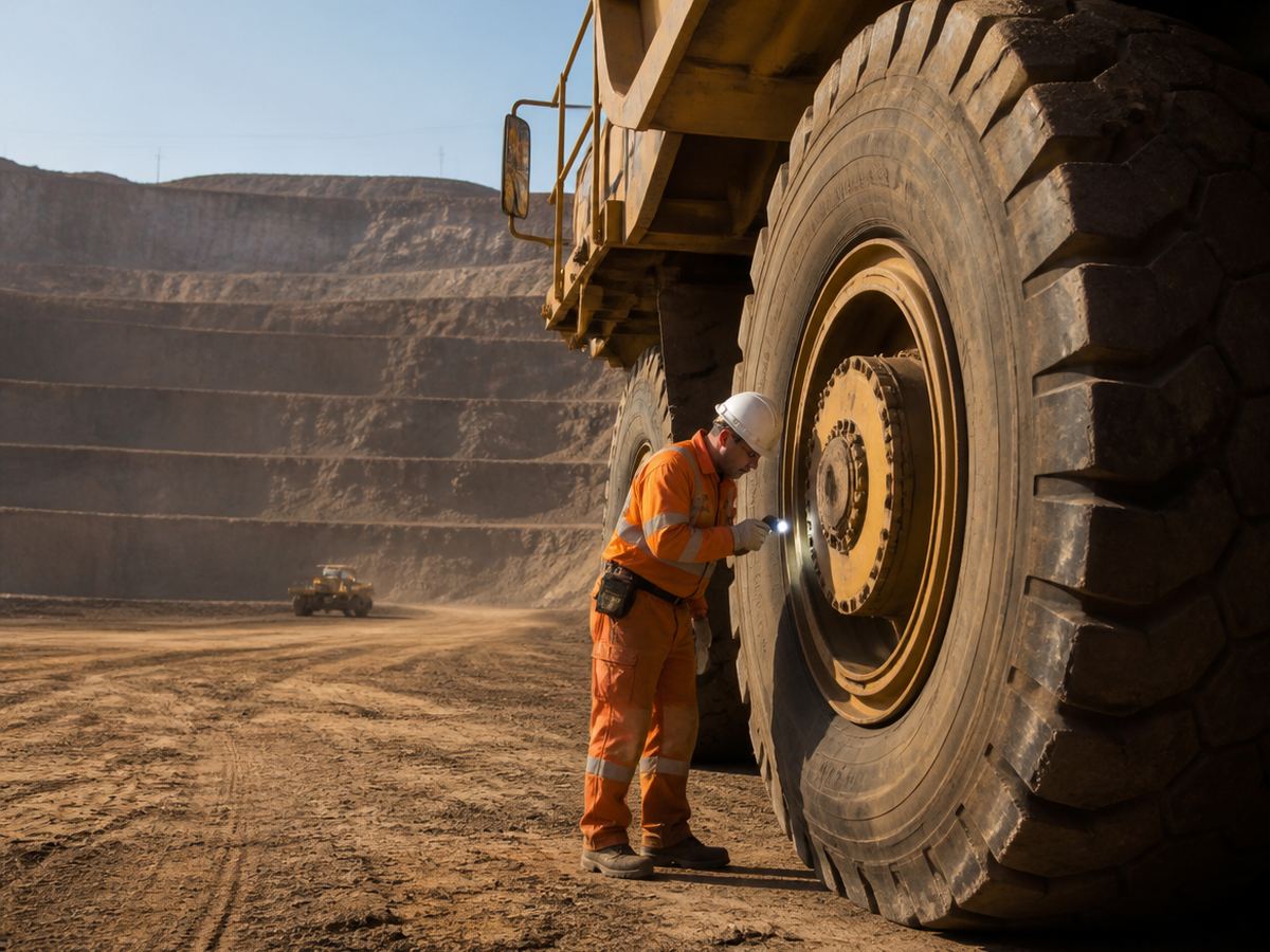 Técnico inspeccionando un camión de extracción en una mina a rajo abierto