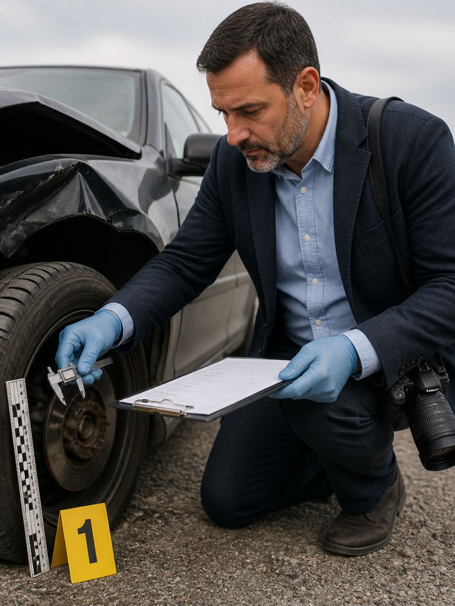 Perito forense midiendo con pie de metro el disco de freno de un vehículo siniestrado, junto a un marcador de evidencia